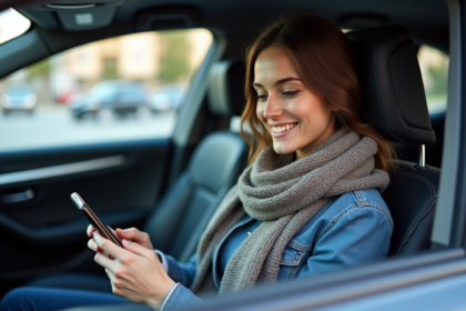 Femme en denim regardant son smartphone dans la voiture