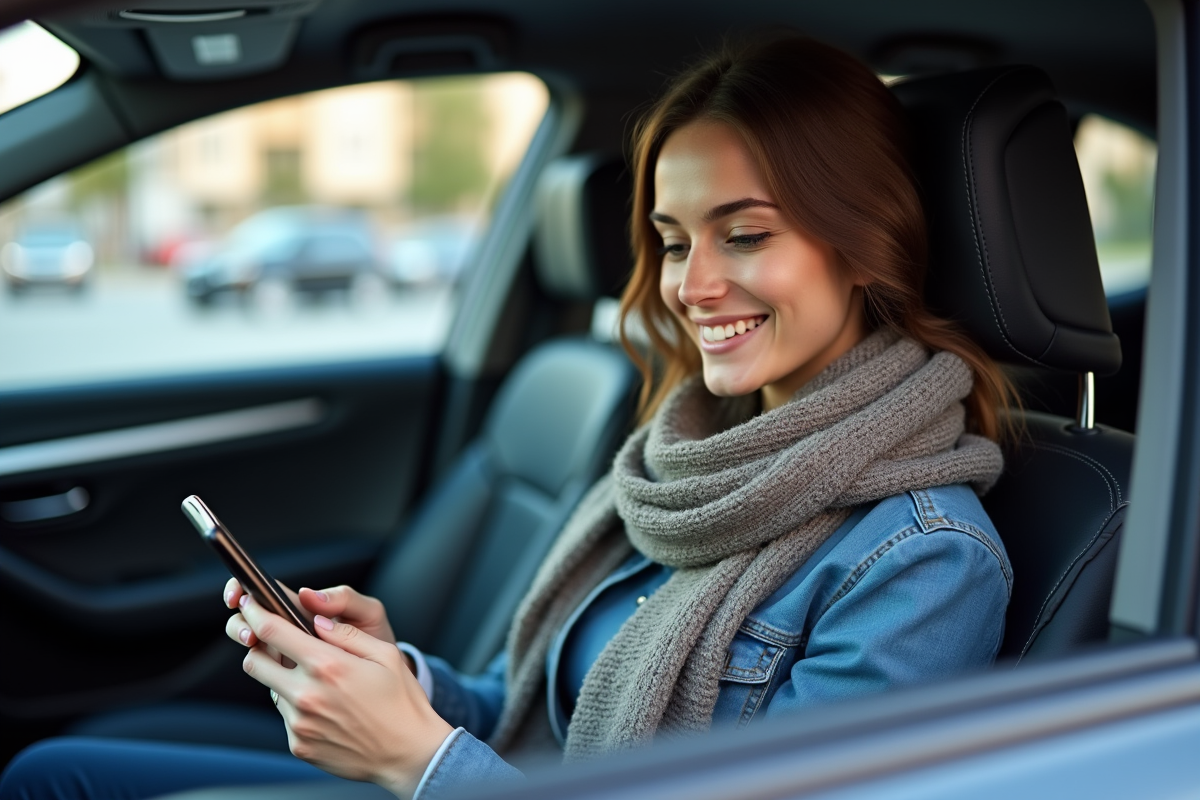 Femme en denim regardant son smartphone dans la voiture