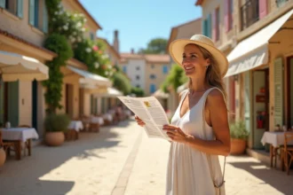 Femme souriante en robe d'été dans le village de Leucate