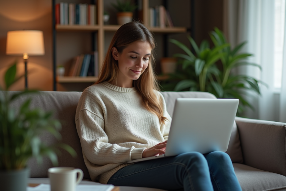 Jeune femme regardant un ordinateur portable pour streaming