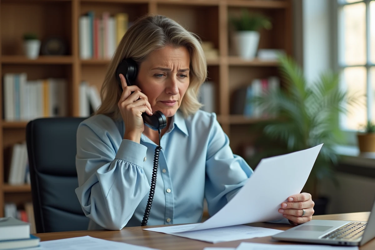 Femme au téléphone dans un bureau à domicile cherchant à contacter Air Algérie depuis la France