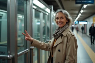 Femme souriante tapant son Navigo à une station RER parisienne