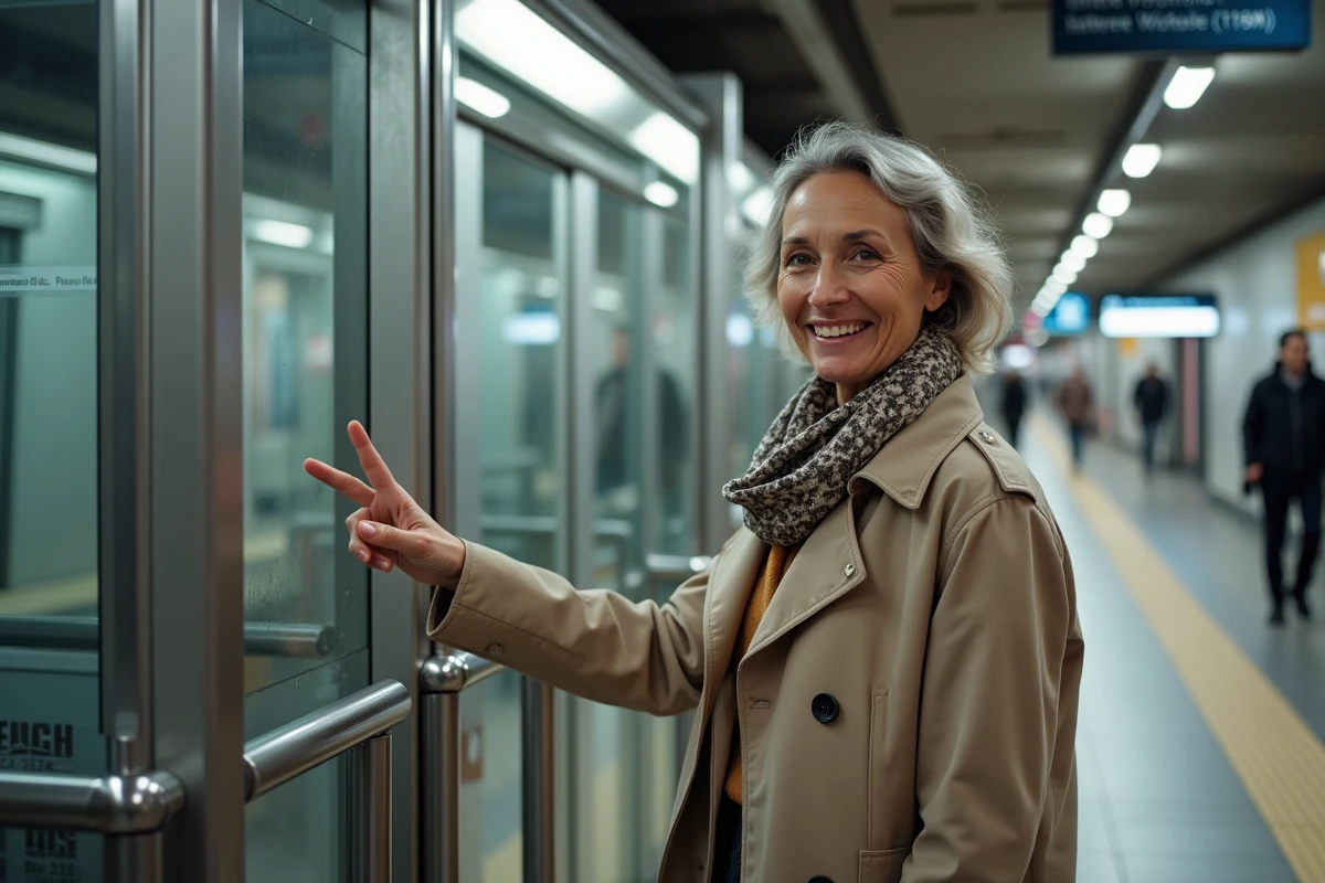 Femme souriante tapant son Navigo à une station RER parisienne