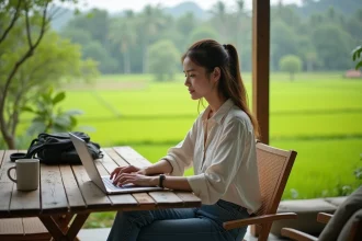 Jeune femme travaillant sur un ordinateur en terrasse nature