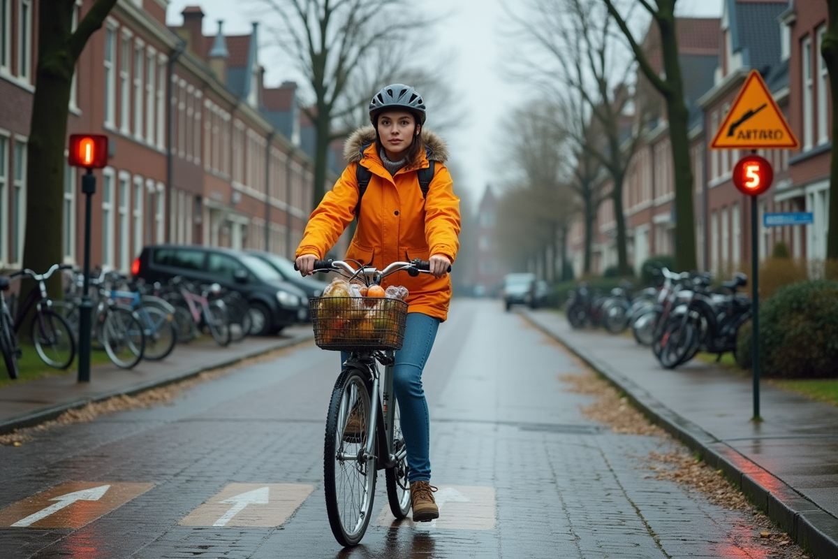 Jeune femme en parka orange à vélo dans un village néerlandais