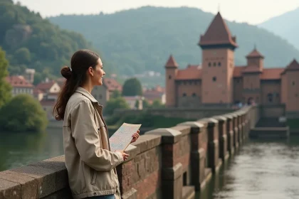 Femme explorant Heidelberg depuis le Vieux Pont avec vue sur le château historique au bord du Neckar