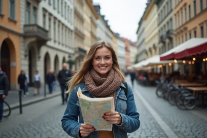 Femme souriante avec carte à Munich en ville