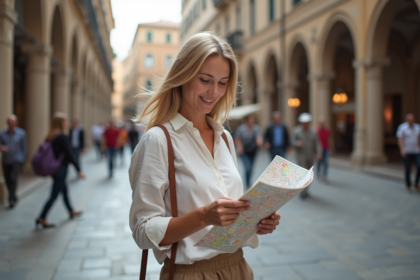 Femme avec carte dans une vieille ville européenne