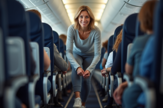 Femme voyageant en avion long courrier souriante