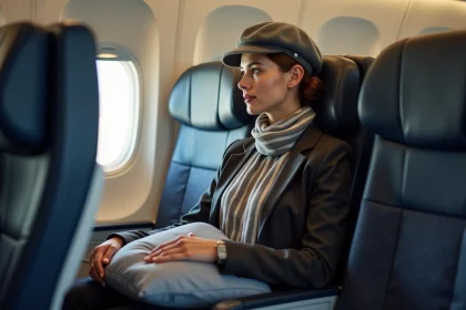 Jeune femme française en avion avec beret et écharpe