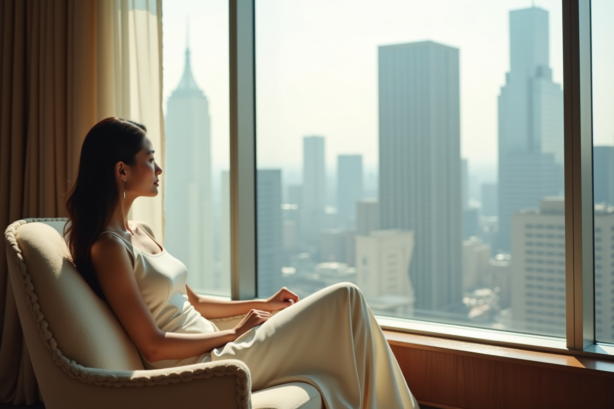 Jeune femme dans un salon avec vue sur la ville