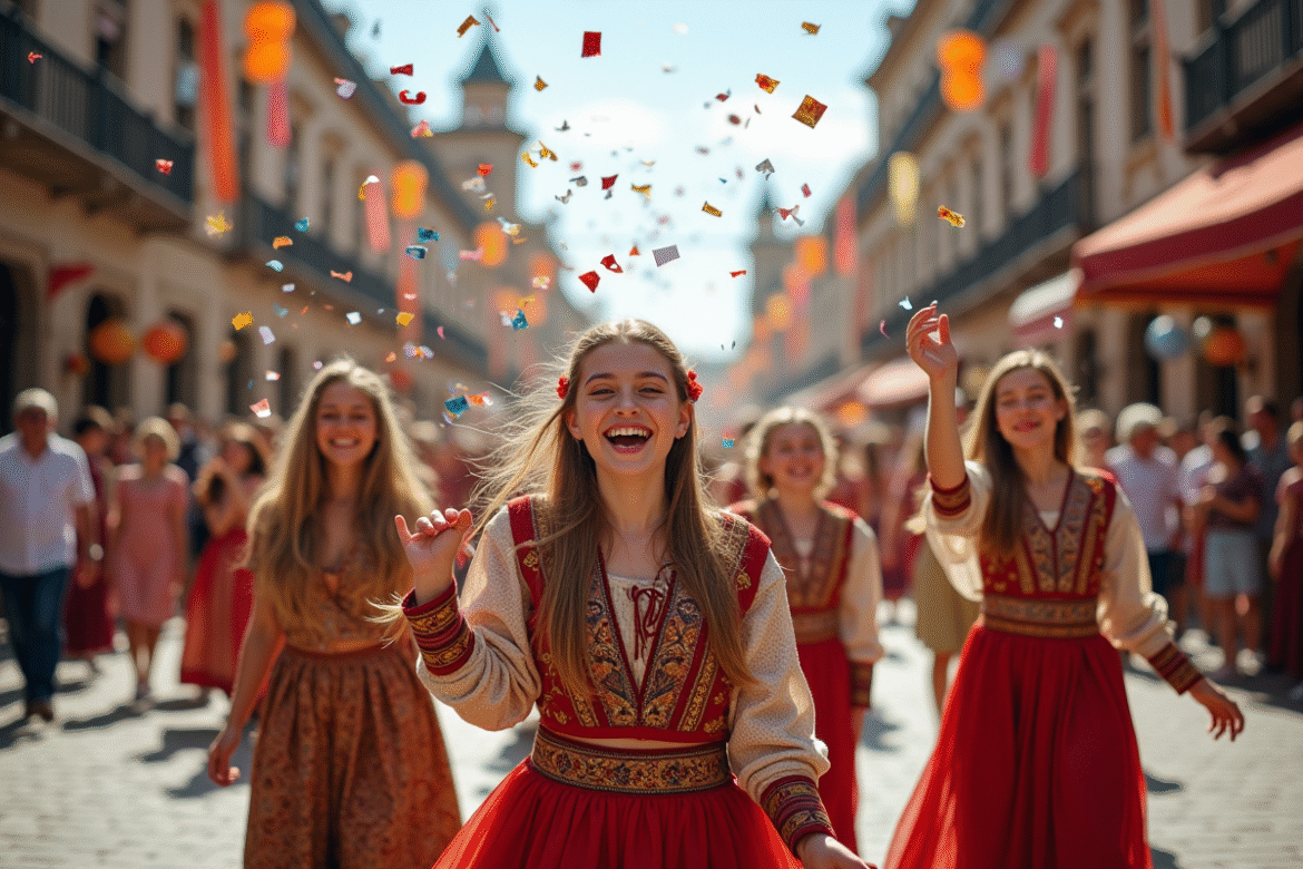 Groupe de jeunes adultes en costumes festifs lançant des confettis