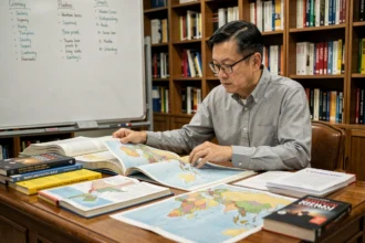 Géographe asiatique comparant différentes cartes de classification des pays d'Asie dans un bureau universitaire