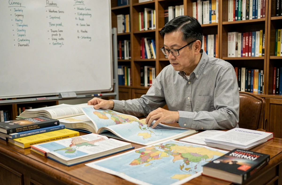 Géographe asiatique comparant différentes cartes de classification des pays d'Asie dans un bureau universitaire