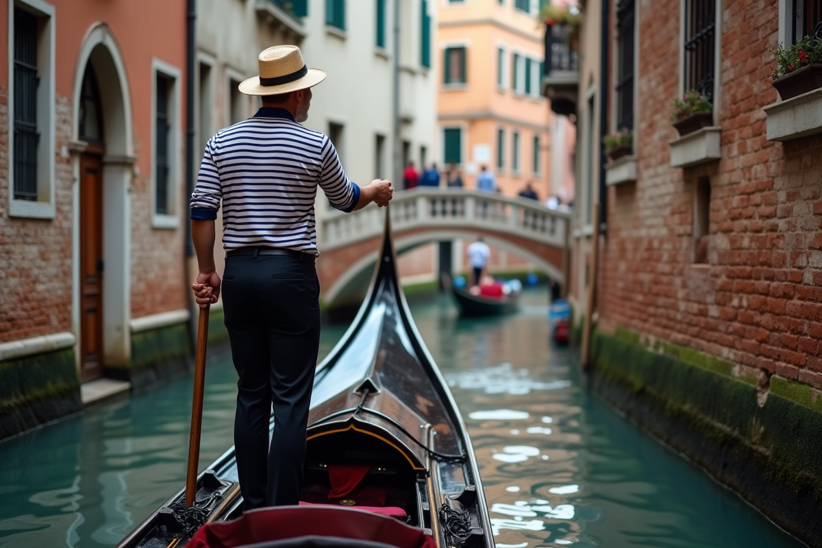 Gondolier vénitien en tenue traditionnelle sur un canal