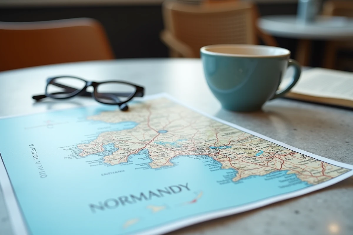 Gros plan sur une carte haute définition de Normandie montrant la baie du Mont-Saint-Michel et des villes normandes