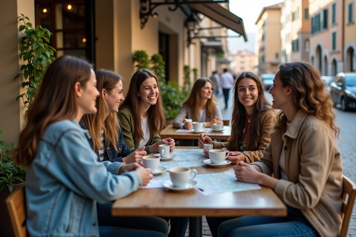 Groupe d amis autour d un café en terrasse italienne
