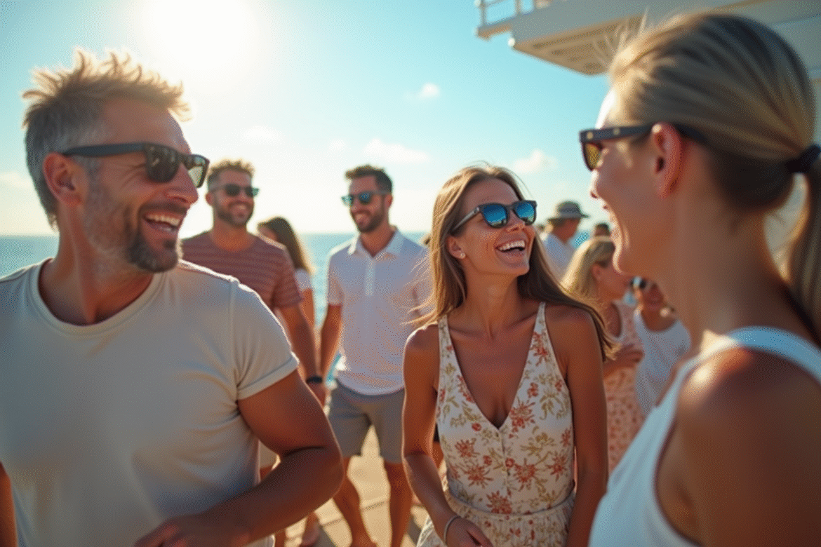 Groupe de passagers souriants sur le pont d'une croisiere