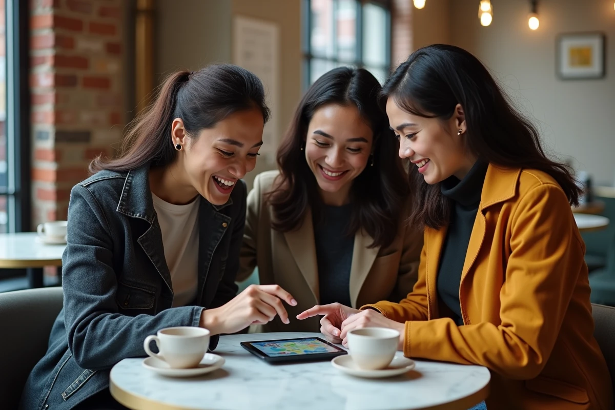 Groupe de personnes consultant une application de cartographie sur tablette dans un café urbain pour trouver une ville commençant par X
