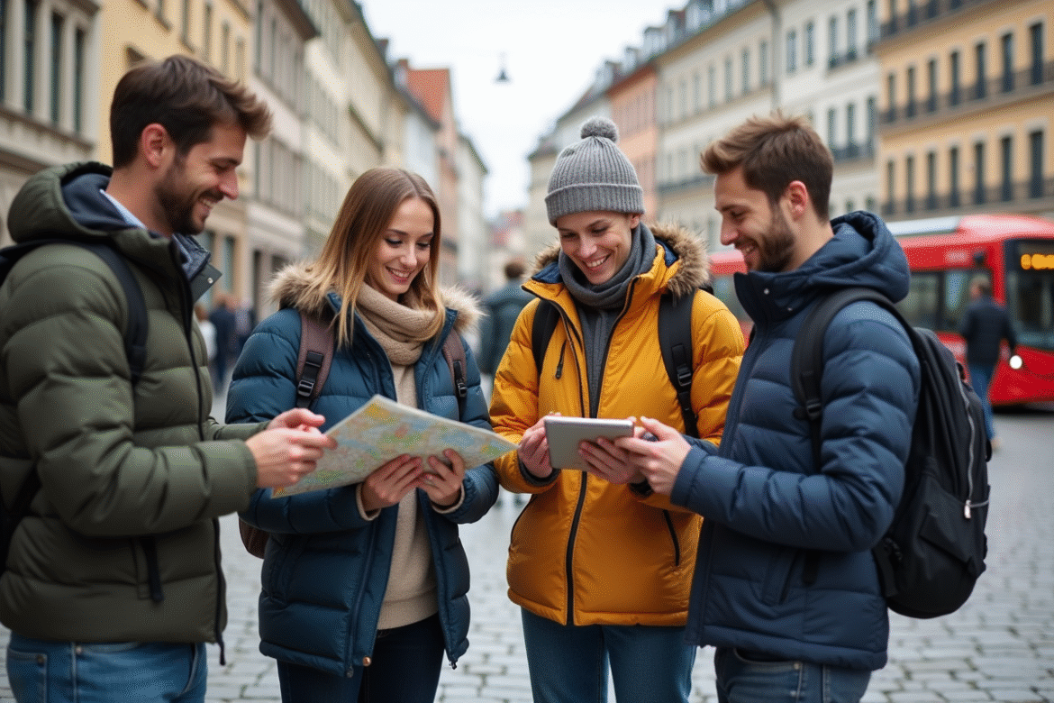 Groupe de voyageurs utilisant des cartes numériques en ville
