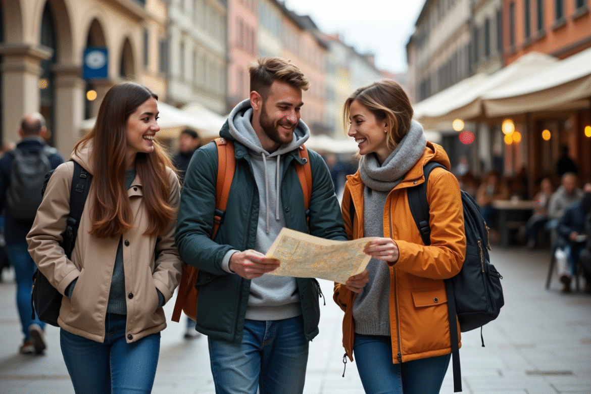 Groupe de voyageurs urbains dans une ville européenne