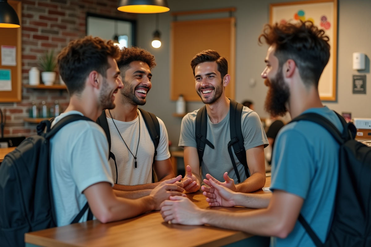 Trois voyageurs discutant avec le personnel à la réception