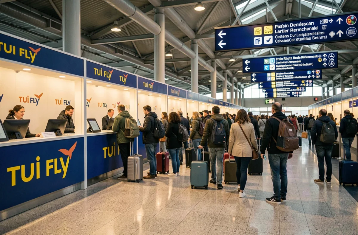 Hall d'enregistrement intérieur du terminal TUI FLY à Orly avec comptoirs et passagers