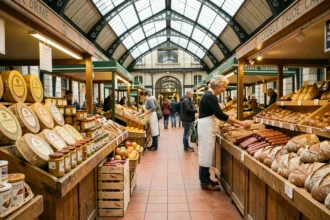 Marché des Halles de Dijon avec étals de fromages, moutardes et charcuteries régionales