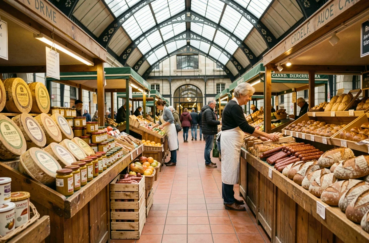Marché des Halles de Dijon avec étals de fromages, moutardes et charcuteries régionales