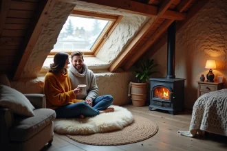 Couple dans un hébergement insolite parisien sous les toits en hiver, ambiance cocon avec poêle à bois et vue sur les cheminées