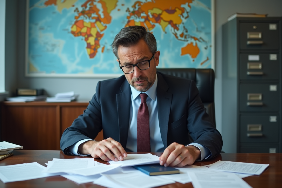 Homme d'affaires étudiant des documents de visa