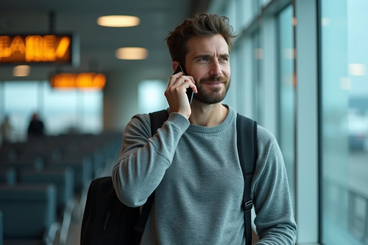 Homme en attente dans un terminal aérien passant un appel téléphonique au service client Air Algérie