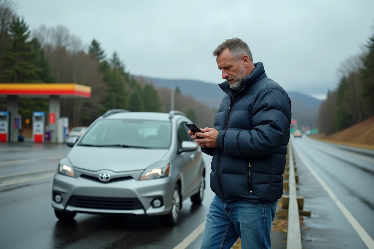 Homme vérifiant son téléphone lors d'un arrêt sur l'autoroute entre Montréal et New York en voiture