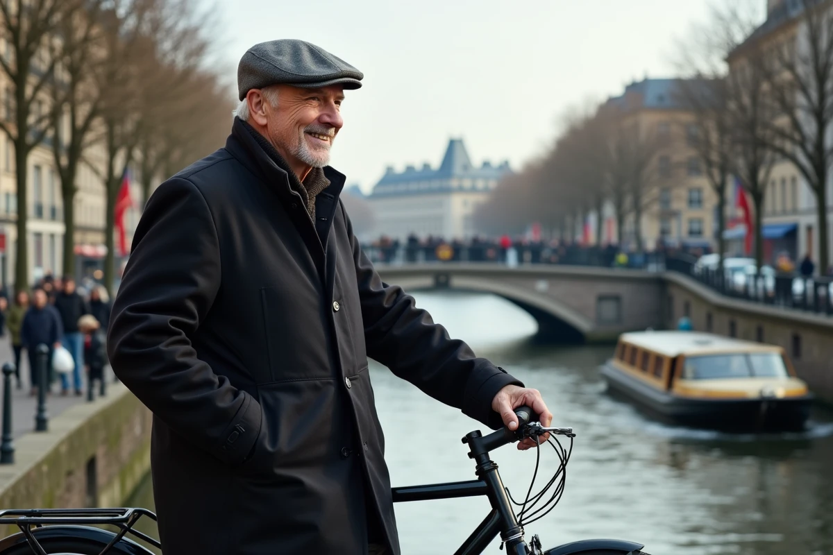 Homme souriant avec son vélo sur le pont du canal SaintMartin