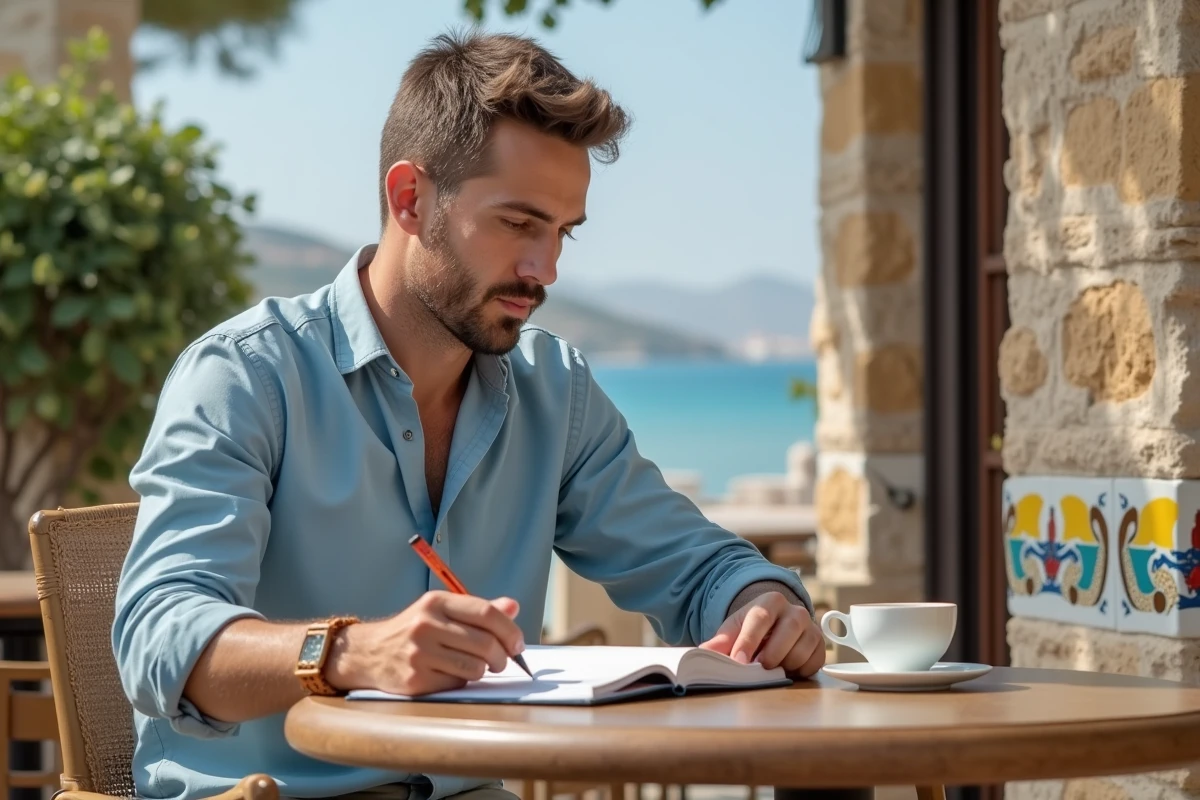 Homme prenant des notes dans un café méditerranéen en voyage