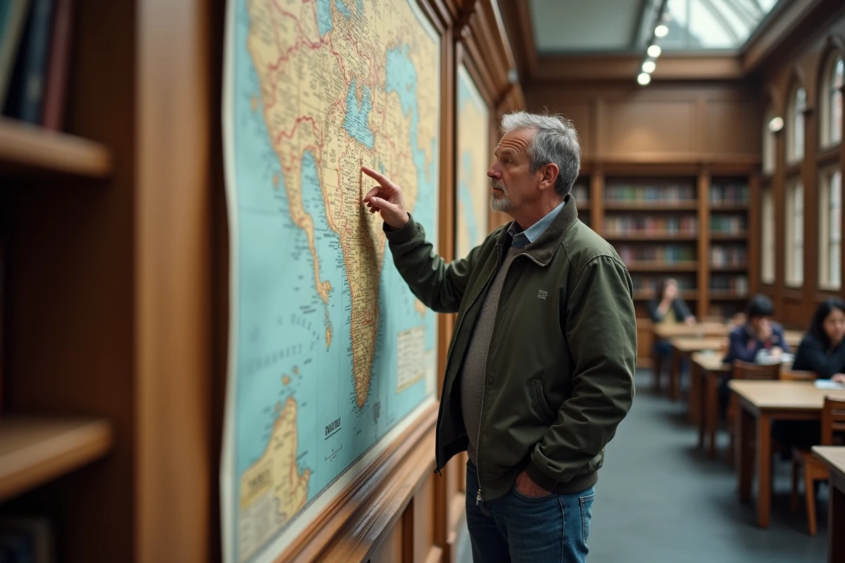 Homme consultant une grande carte géographique murale dans une bibliothèque publique à la recherche d'une ville inexistante
