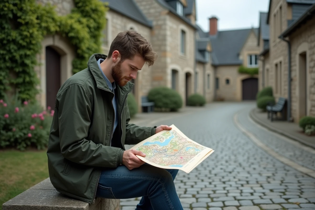 Jeune homme consultant une carte imprimée de la Normandie sur un banc en pierre dans un village normand
