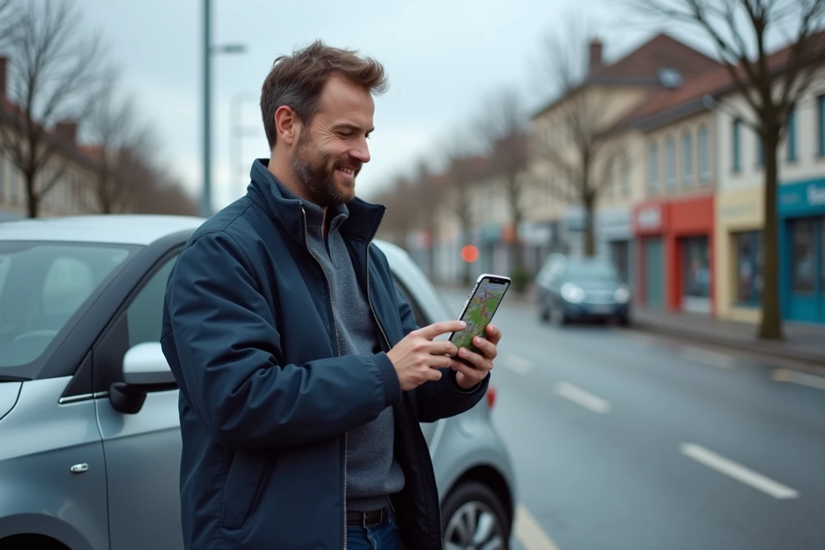 Homme consultant l'application Mappy sur smartphone pour comparer des trajets avant de prendre la route en voiture