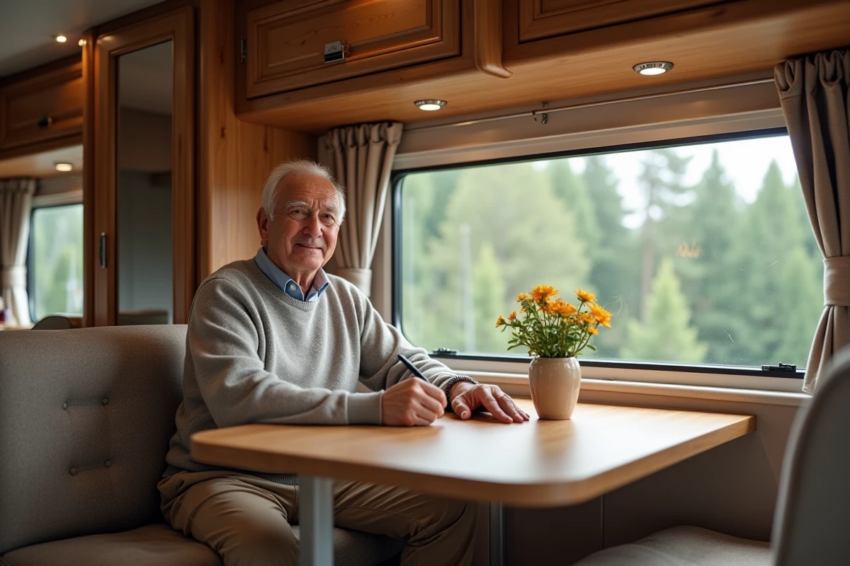 Homme âgé assis à la table dans un camping-car élégant