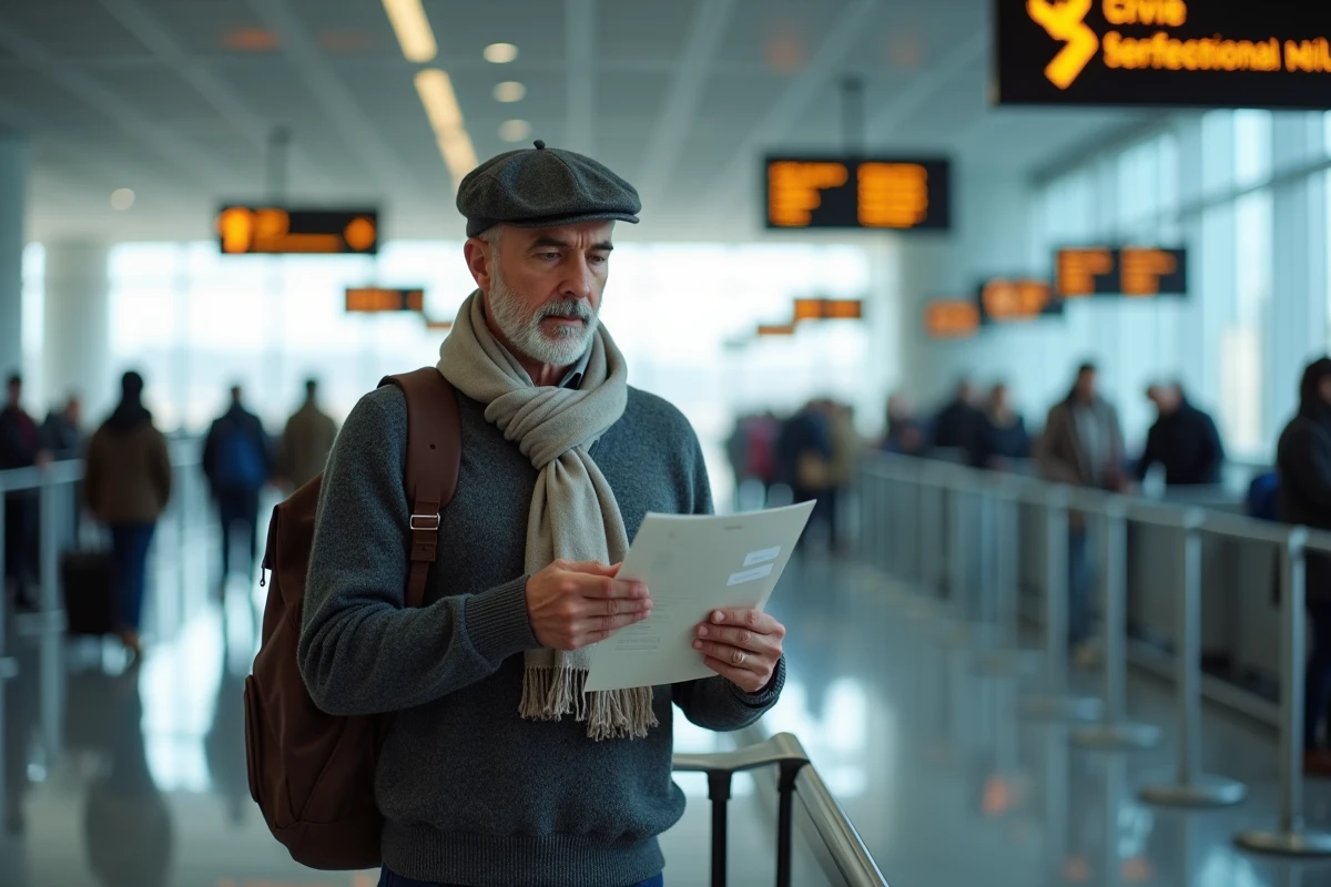 Homme français vérifiant son billet à la gare aéroport