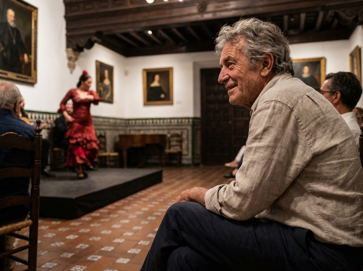 Homme regardant un spectacle de flamenco dans une salle espagnole