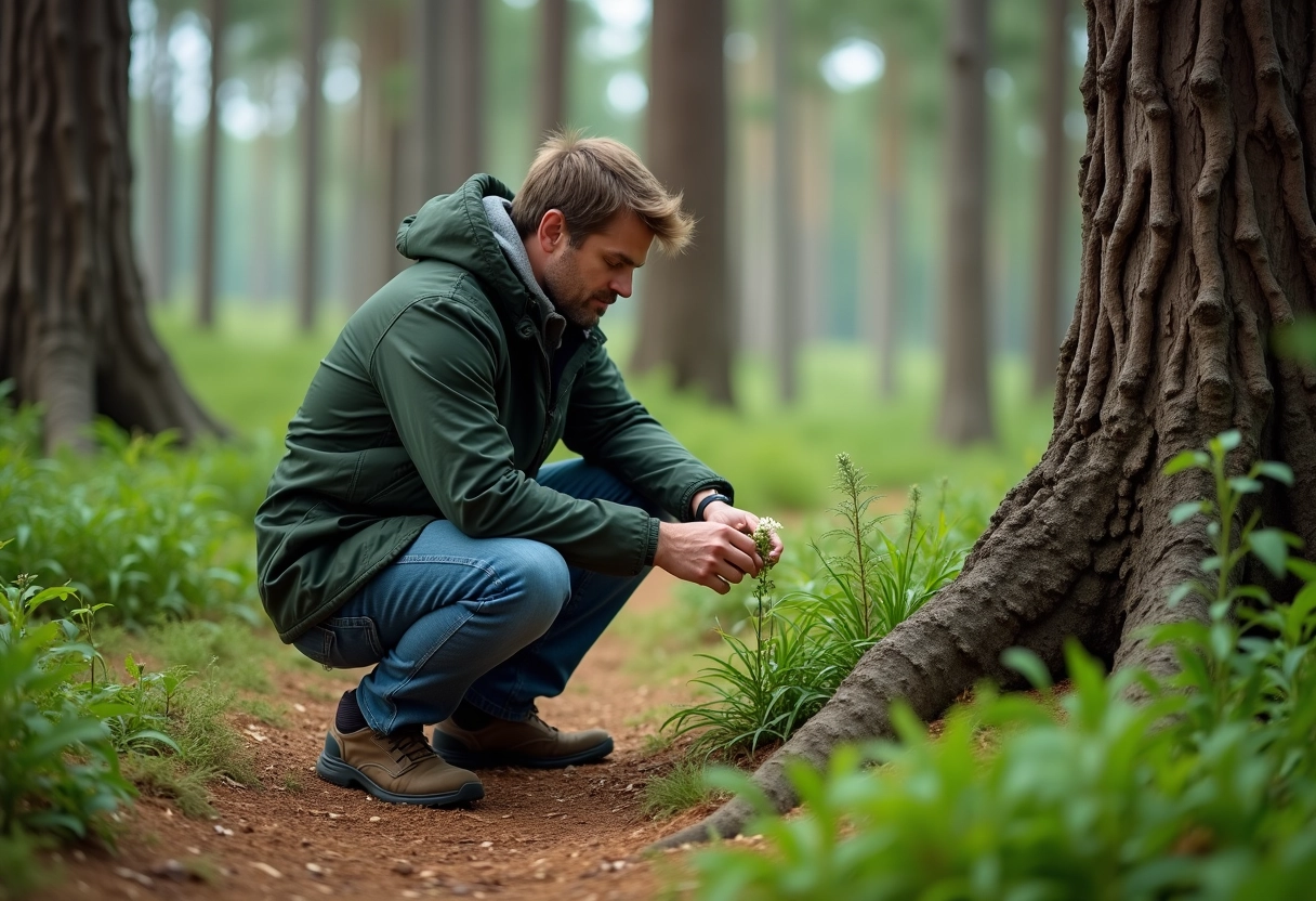 Homme examinant une fleur dans la forêt d Arcachon