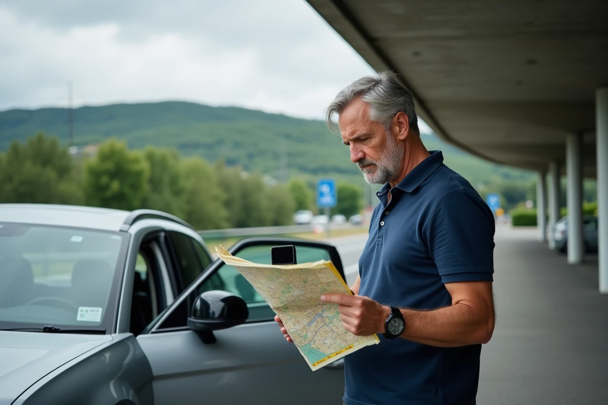Homme consultant un itinéraire ViaMichelin au bord d'une autoroute française près d'un péage