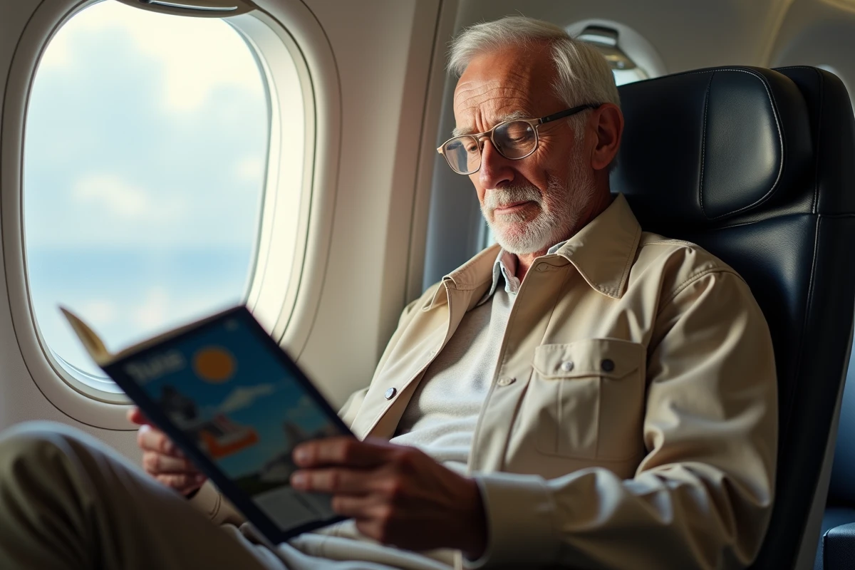 Homme lisant brochure dans cabine d