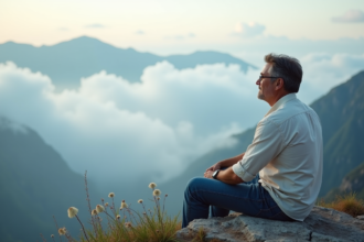 Homme d'âge moyen sur une falaise de montagne contemplant le ciel