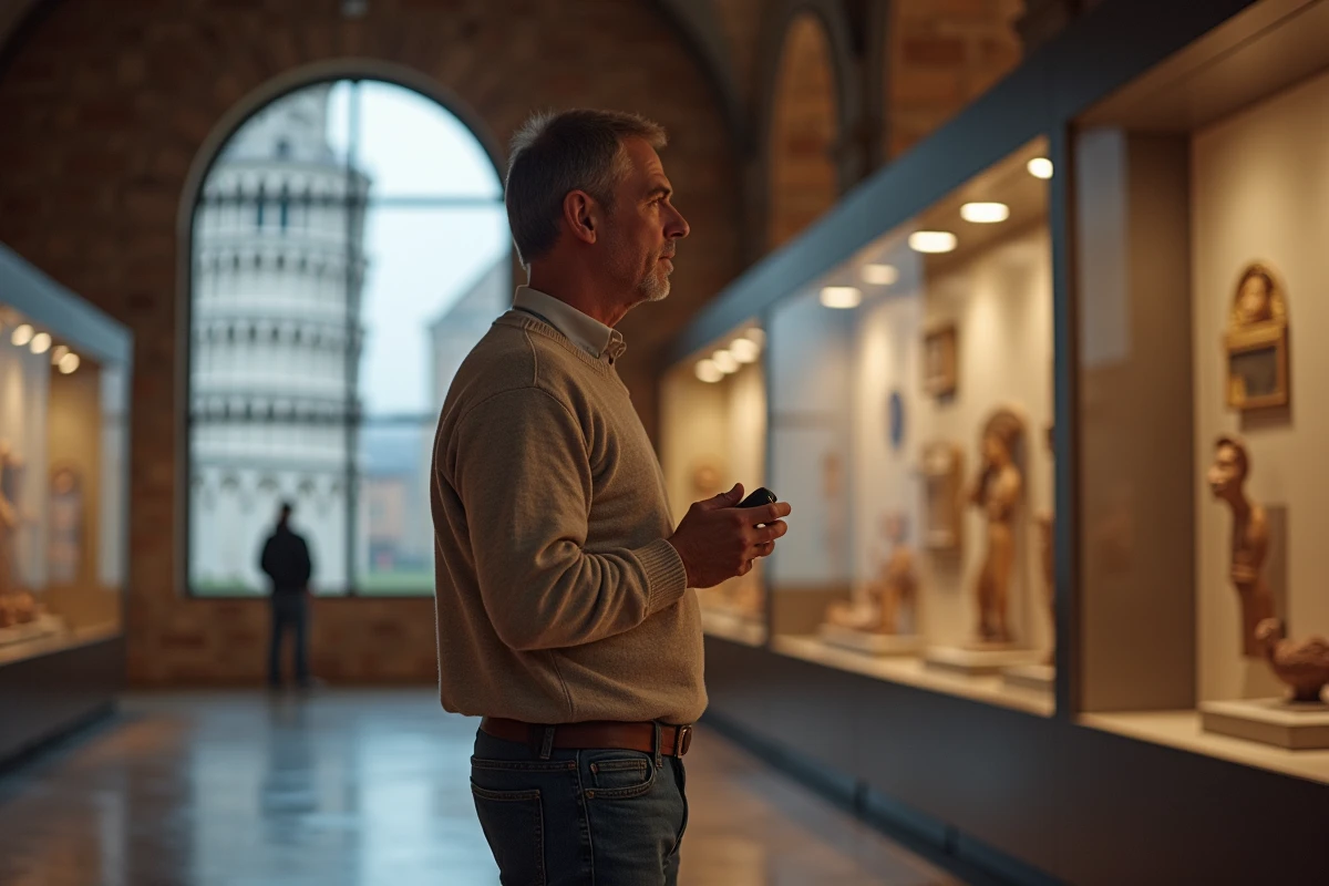Homme regardant des expositions dans un musée de Pisa