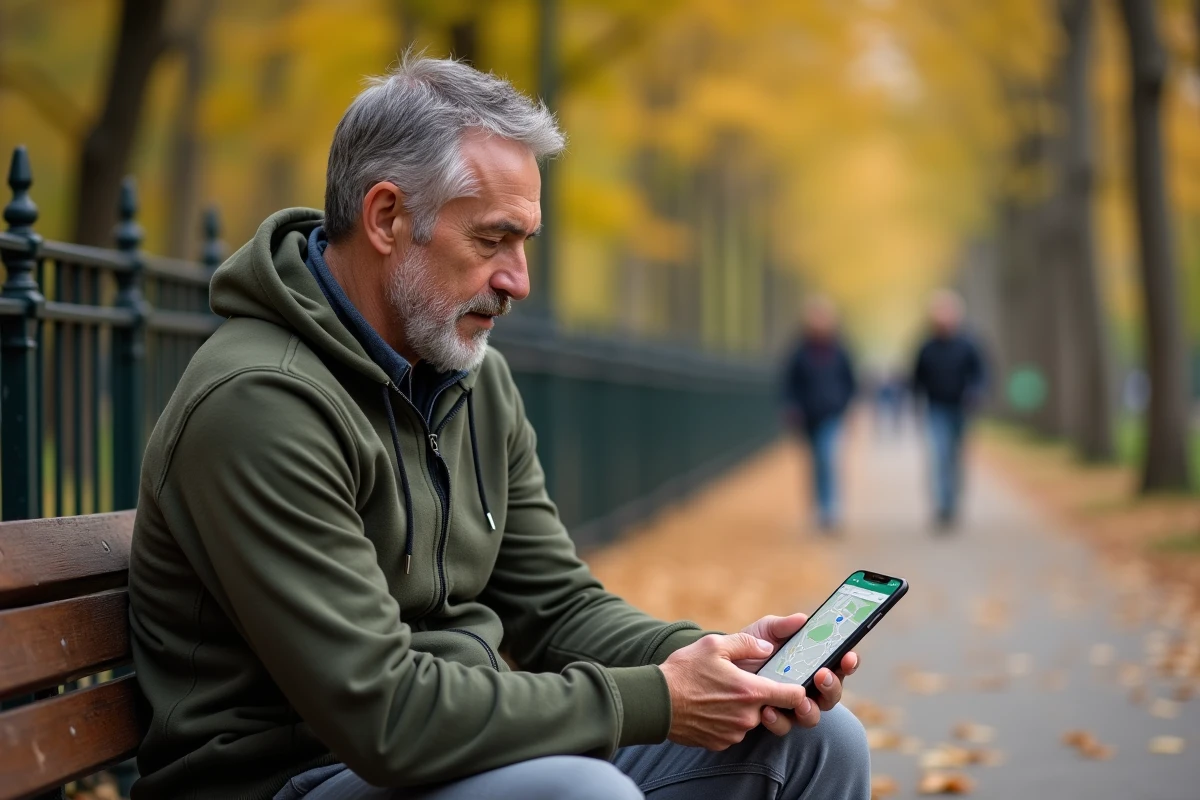 Homme assis dans un parc consultant un itinéraire à pied sur Google Maps via son smartphone