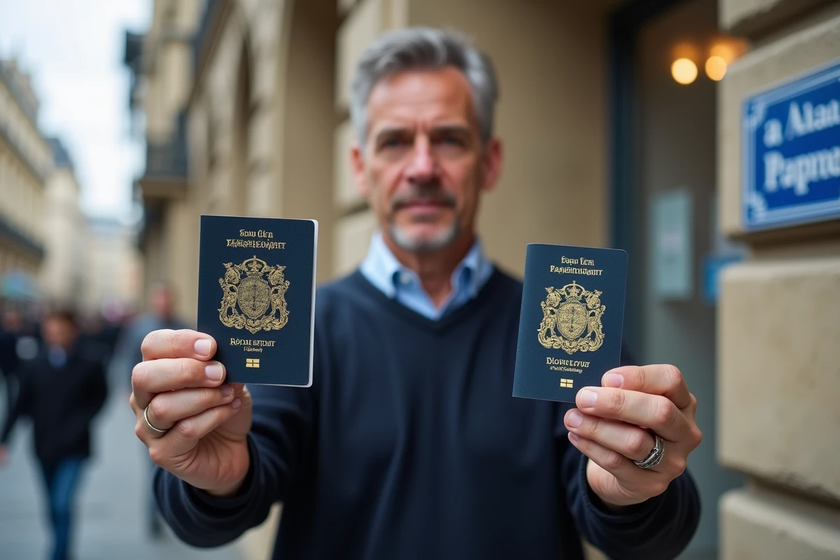 Homme compare passeports traditionnel et biométrique en extérieur