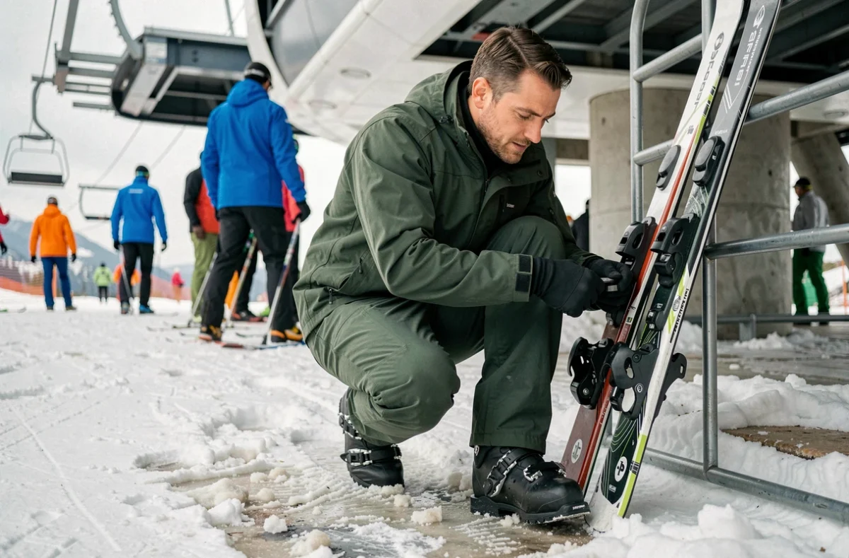 Homme qui boucle ses chaussures de ski à la station, prêt à partir sur les pistes pour un week-end ski économique
