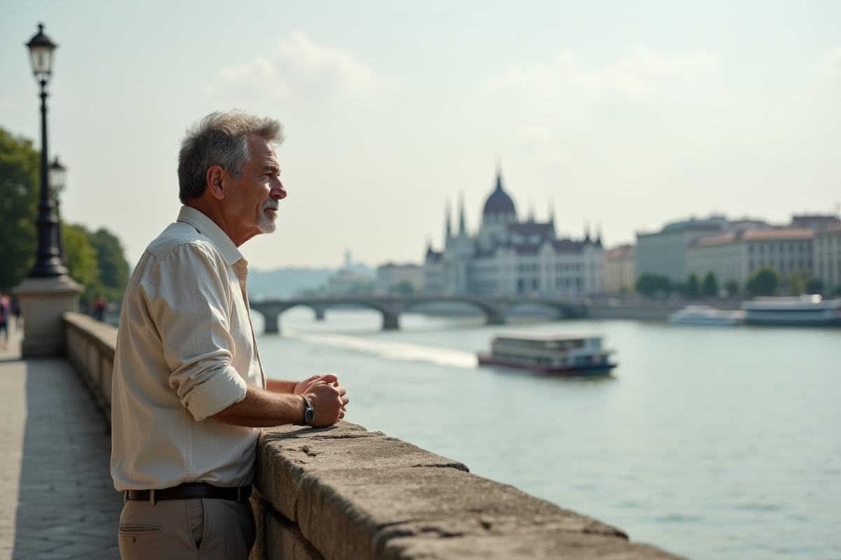 Homme regardant le Parlement de Budapest